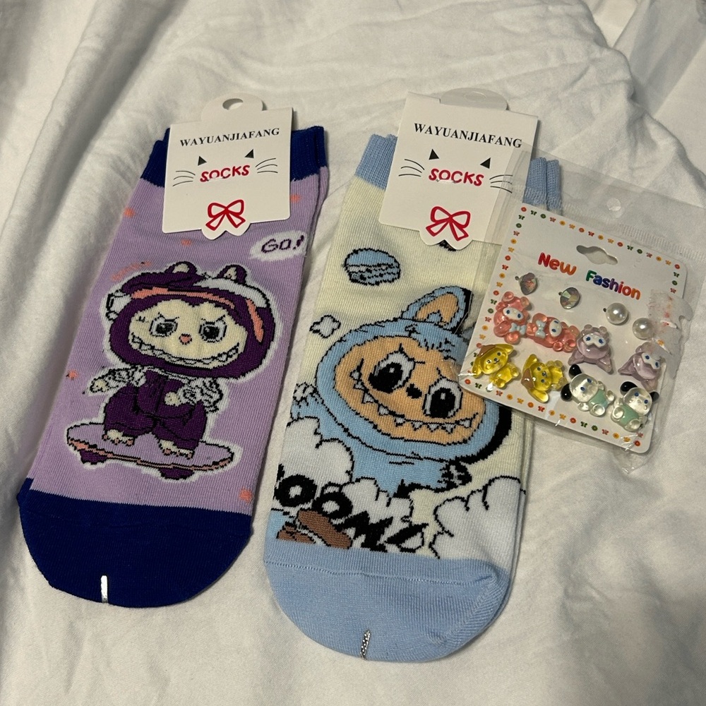 Cute Monster Character Socks and Animal Earrings Set